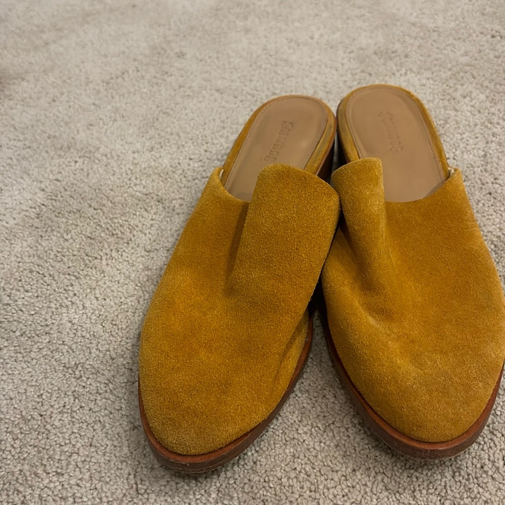 Soludos gold suede mules.